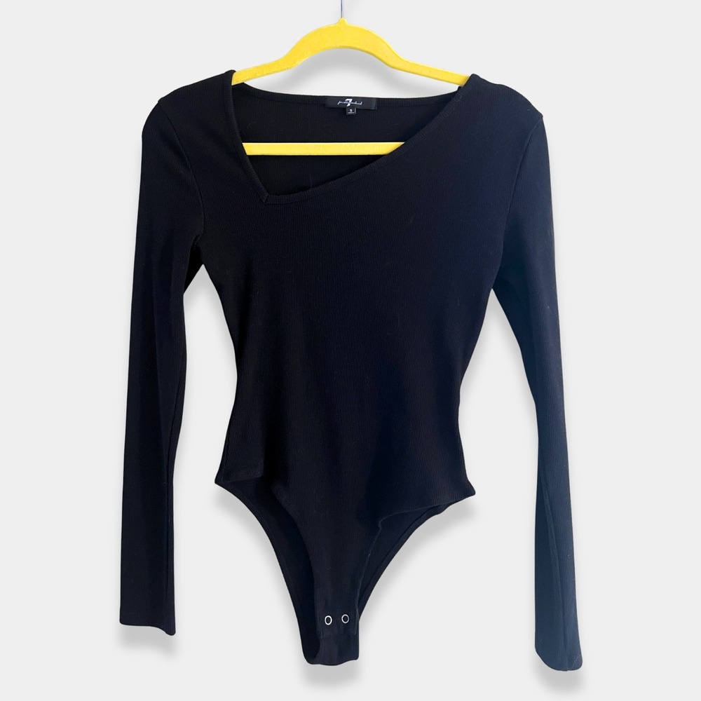 7 For All Mankind Asymmetrical Neckline Long Sleeve Bodysuit Black Small